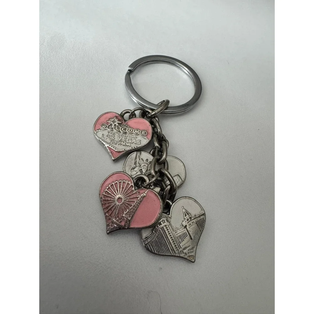 Las Vegas Souvenir Keychain Pink Heart Multi Charm I Heart LV Silver Tone Dangle